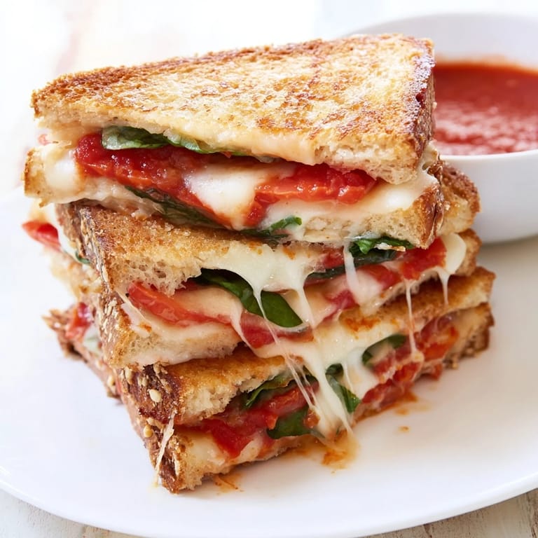 Warm Caprese Grilled Cheese Dippers stacked neatly alongside a small bowl of rich marinara sauce.