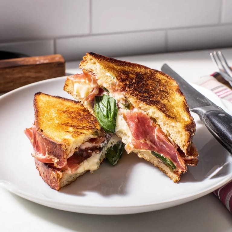 Hearty grilled cheese with crispy prosciutto and burrata, perfect with a crisp white wine.