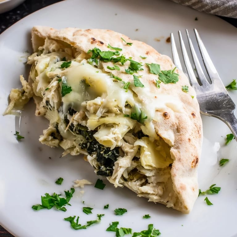 A warm pita pocket filled with creamy spinach artichoke chicken, served with a bright lemon wedge.