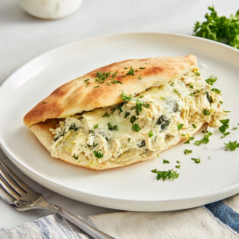 Spinach Artichoke Chicken Stuffed Pita baked until bubbly, perfect for a quick Mediterranean-inspired weeknight dinner.