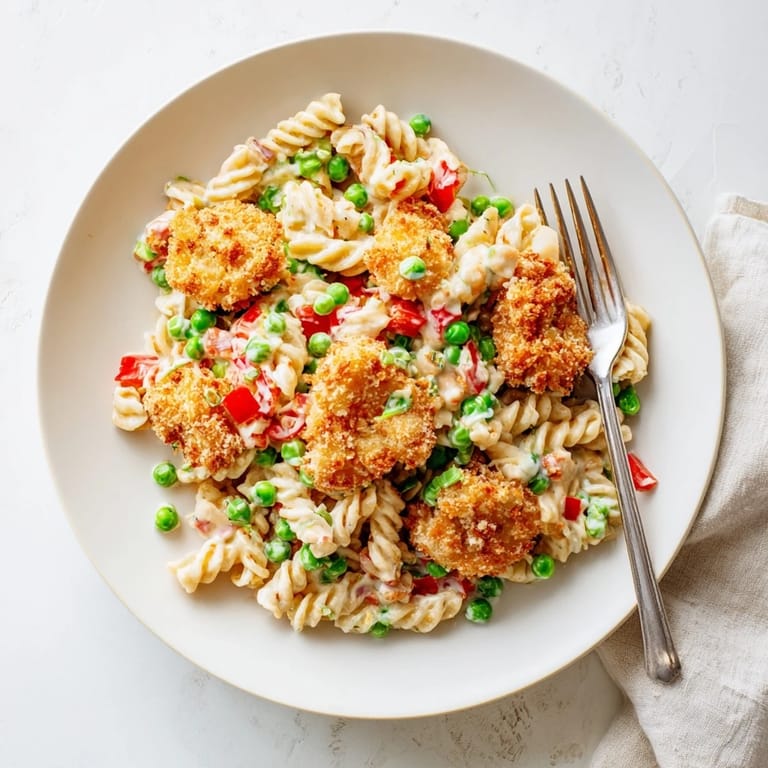 Tossing Crispy Chicken Ranch Pasta Salad, the dressing coats rotini noodles and crunchy chicken for a hearty lunch.