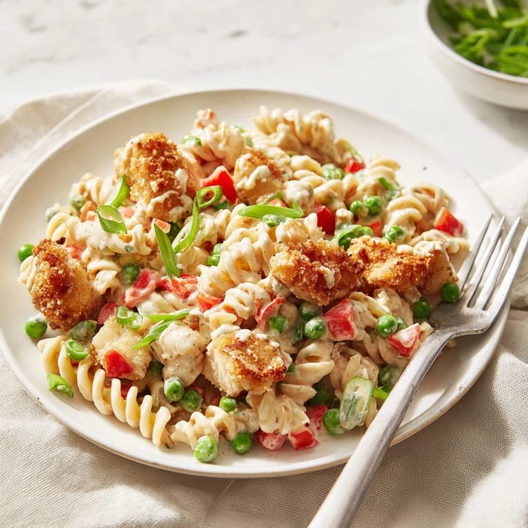Ready for a picnic, Crispy Chicken Ranch Pasta Salad combines tender veggies, golden chicken, and cool ranch flavors.