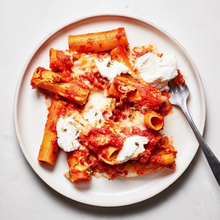 Freshly baked ziti topped with melted cheese and herbs, served hot from the oven for a comforting family dinner.  