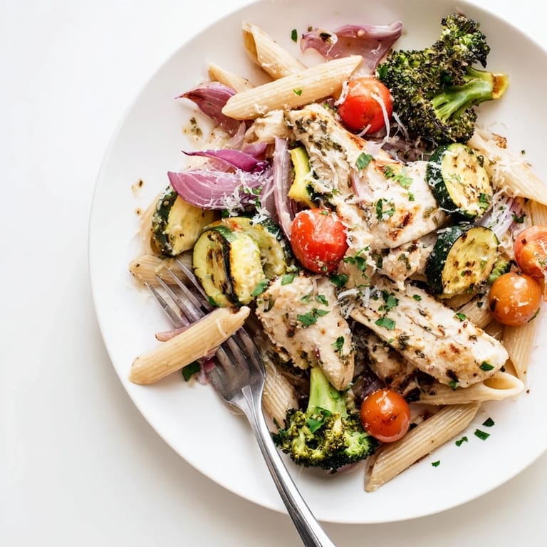 Bright penne pasta, tender roasted chicken, and vibrant veggies like bell pepper and broccoli create a balanced, satisfying meal served fresh.