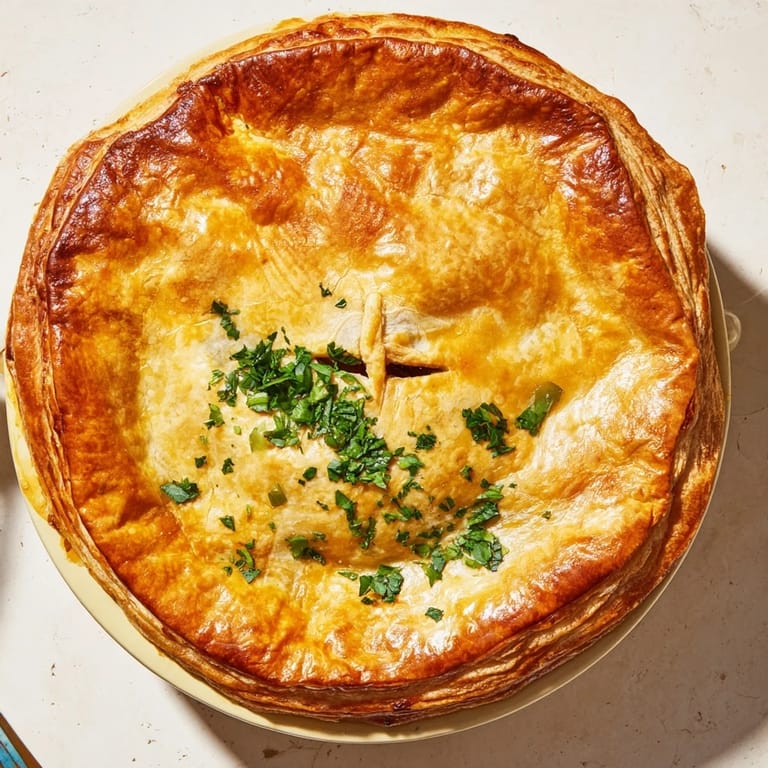 Savory slices of Chicken and Leek Pie showcase tender chicken, sautéed leeks, and smoky bacon in a rich, creamy herb sauce.