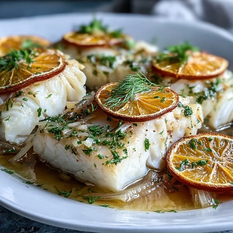 Tender poached cod with fennel and orange, glistening in fragrant Mediterranean poaching liquid.