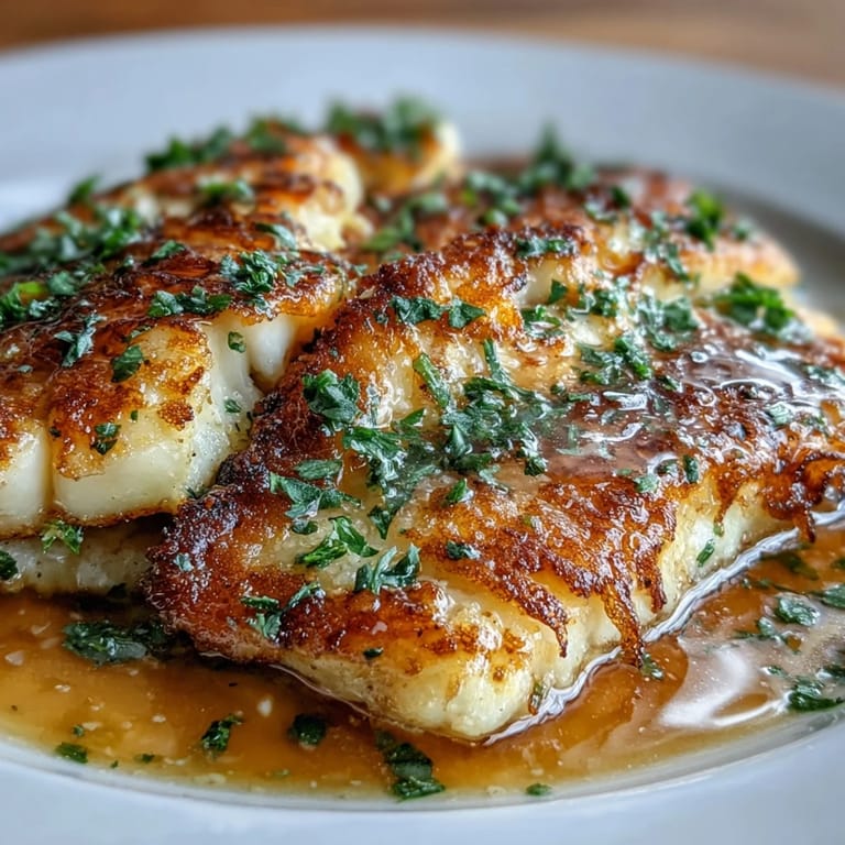 Freshly cooked flounder meunière fillets are drizzled with nutty brown butter, brightened by lemon juice and chopped flat-leaf parsley.