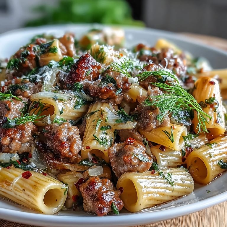 Steaming Winter Pasta with Sausage and Fennel topped with golden sausage crumbles and sliced fennel. 
