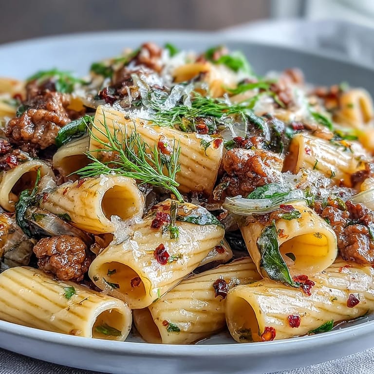 Ready-to-serve Winter Pasta with Sausage and Fennel featuring penne pasta and a light, aromatic sauce.