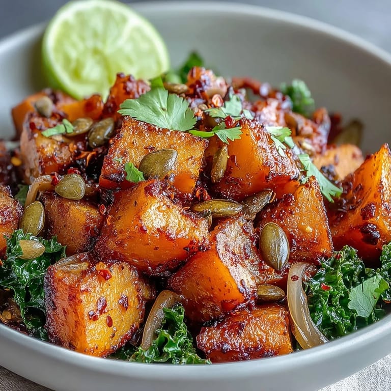 Sweet and Spicy Red Kuri Squash Bowl with maple caramelized onions and wilted kale.