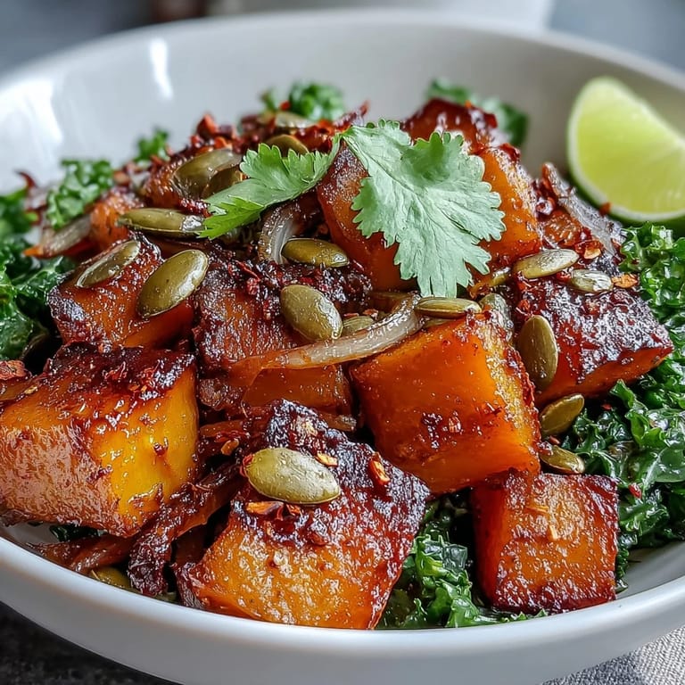 A close-up of the Sweet and Spicy Red Kuri Squash Bowl garnished with lime wedges.