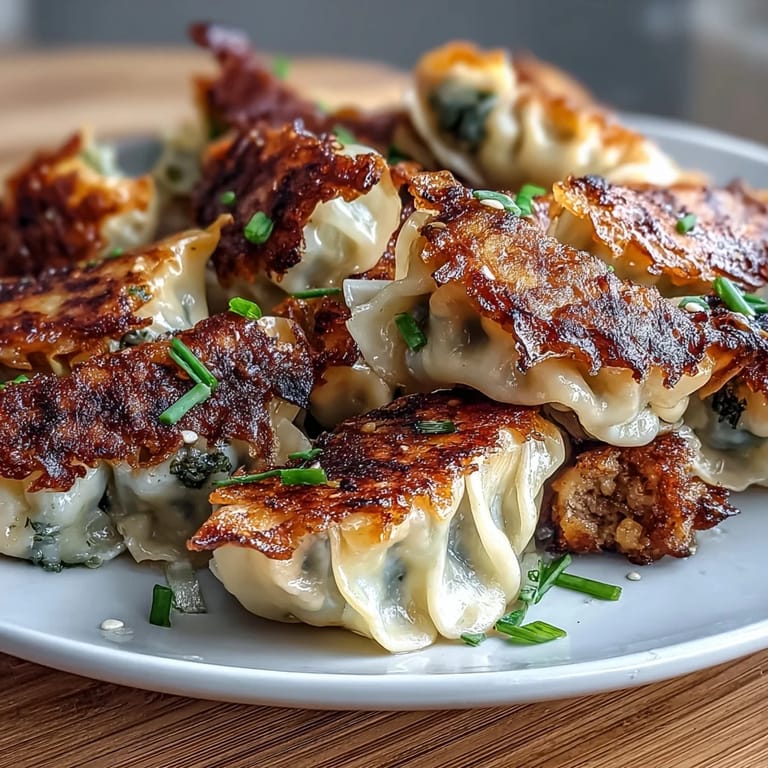 Delicious smashed gyozas glistening with savory filling, ready for dipping.
