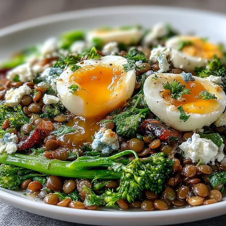 A close-up of the French Lentil Salad with Broccolini and Soft-Cooked Eggs, highlighting vibrant greens and creamy yolks.