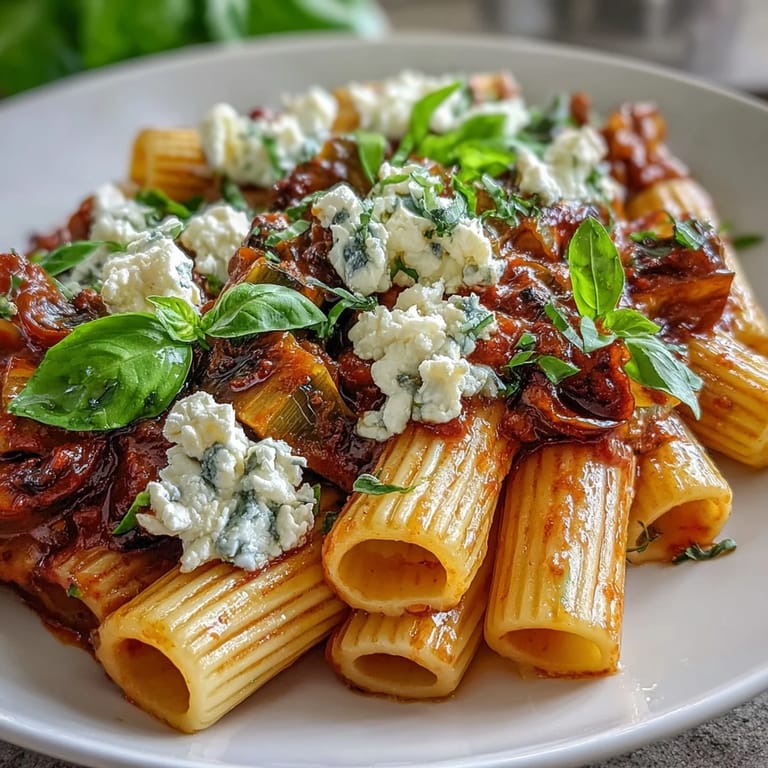 A rustic white bowl holds a generous portion of Pasta Alla Norma, highlighting the rich red sauce, soft eggplant, and cheesy topping.