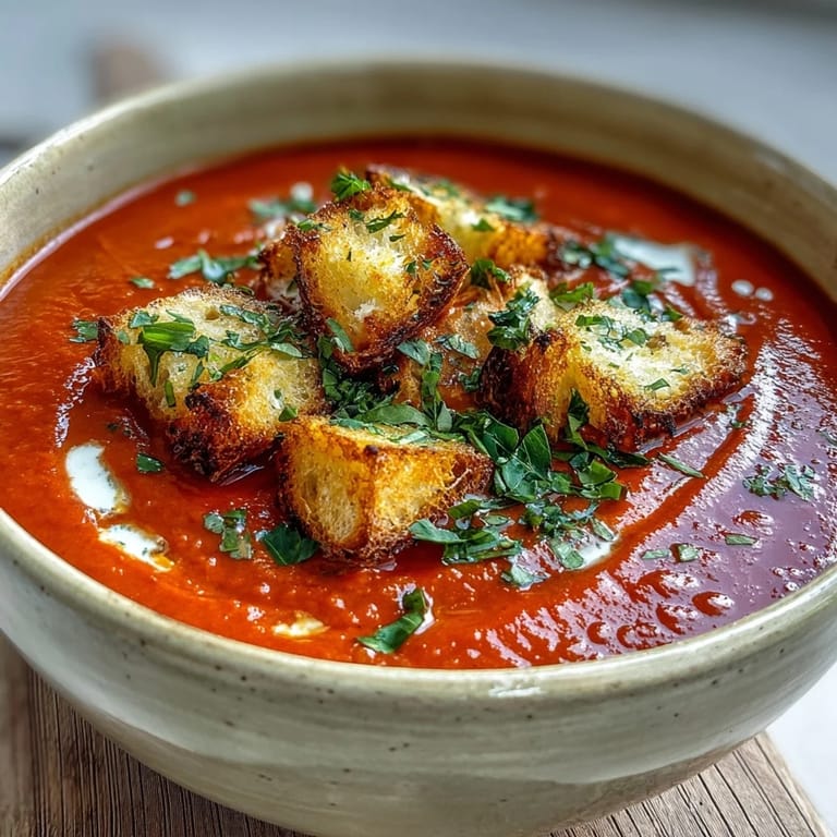 A warm bowl of Roasted Red Pepper Soup With Crispy Croutons served beside a glass of white wine for a cozy Mediterranean-inspired lunch.