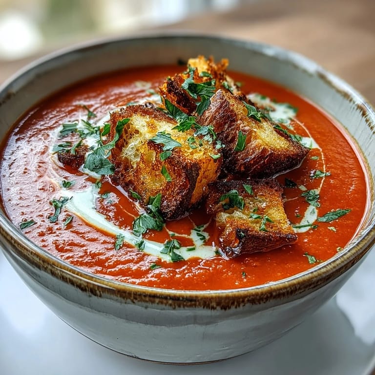 Close-up of rich Roasted Red Pepper Soup With Crispy Croutons topped with golden homemade croutons and a drizzle of creamy harissa swirl.
