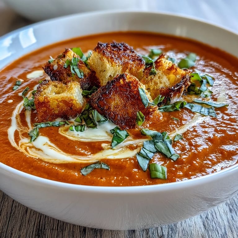 Rich Creamy Roasted Tomato Soup with vibrant red color, topped with crunchy croutons for a cozy meal.