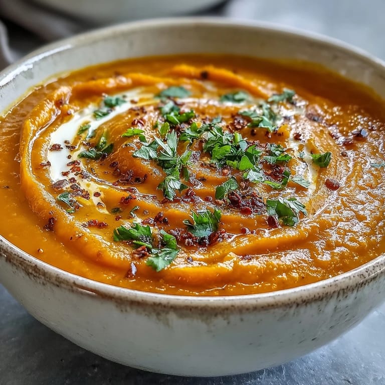 Vibrant orange Carrot and Lentil Soup with a spoon, highlighting the smooth texture and spices.