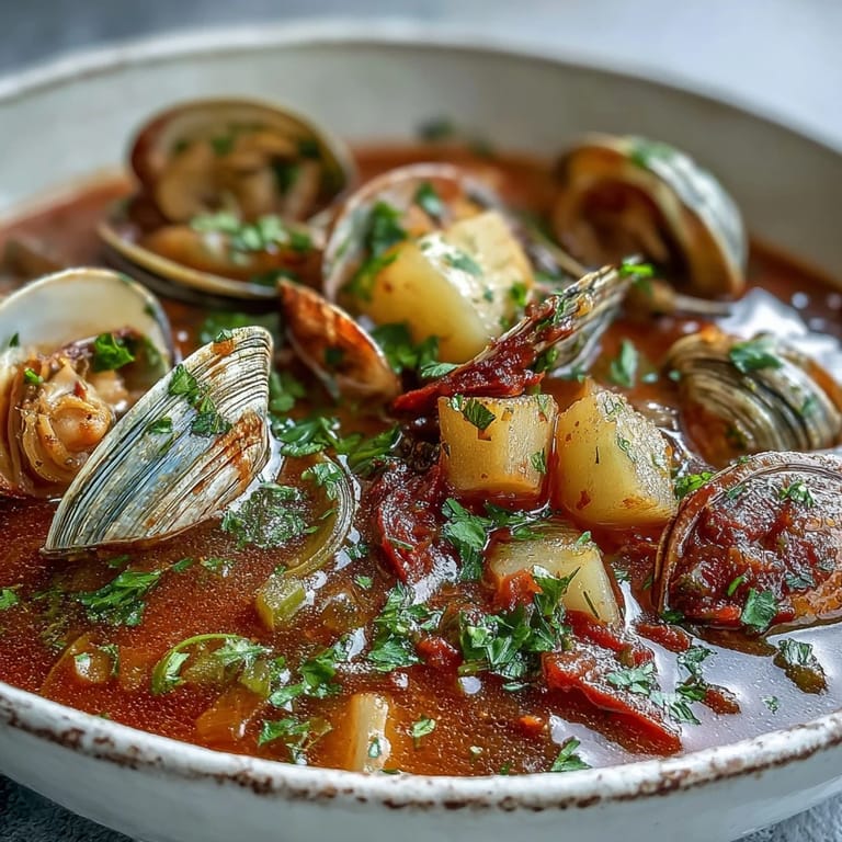 Steaming Manhattan Clam Chowder in a white pot, ready to serve with crusty bread. 