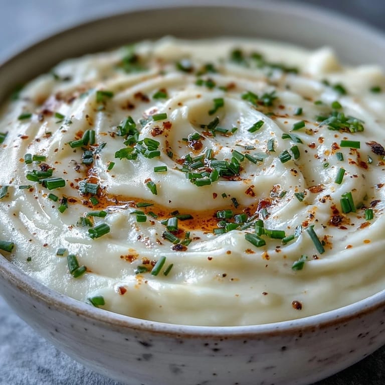 Close-up on smooth Cream of Potato Soup with a drizzle of cream and fresh herbs for garnish.