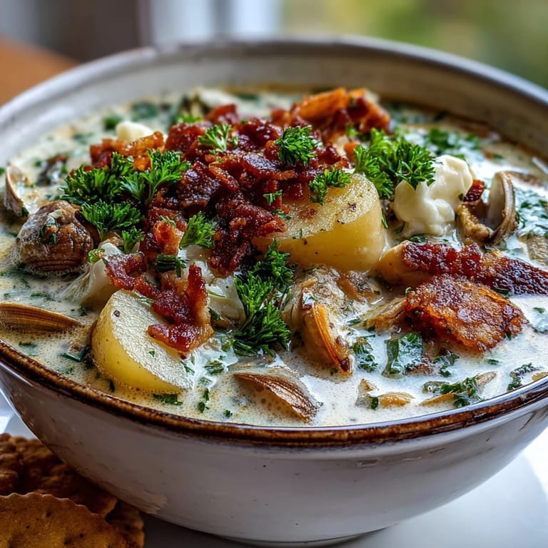 Bowl of hearty New England Clam Chowder with potatoes, clams, and crisp bacon.