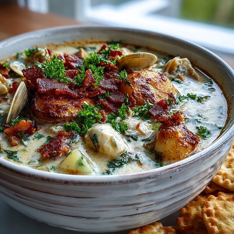 Homemade New England Clam Chowder garnished with parsley and black pepper in a rustic bowl.