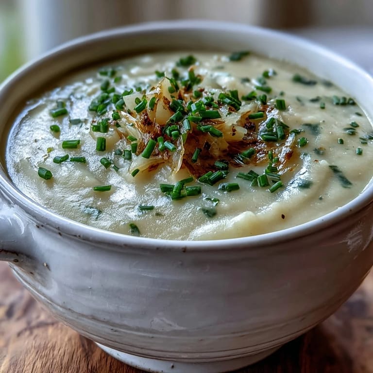 Potato Leek Soup in a white bowl, topped with shrimp and a drizzle of olive oil.