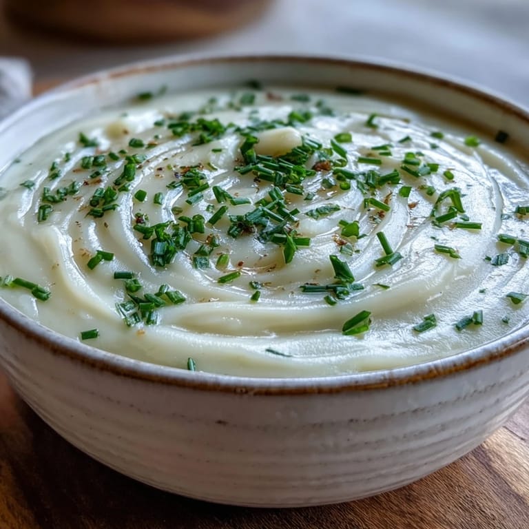 Bowl of blended Potato Leek Soup with smooth texture, served with a piece of crusty bread.