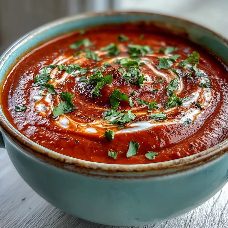 Vibrant Roasted Red Pepper Soup pureed silky smooth, garnished with Greek yogurt swirls and fresh parsley leaves for a bright finish.
