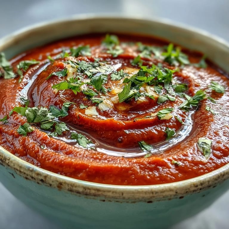 Warm bowl of Roasted Red Pepper Soup, flecked with smoked paprika and harissa, glowing with rich red color on a wooden table.