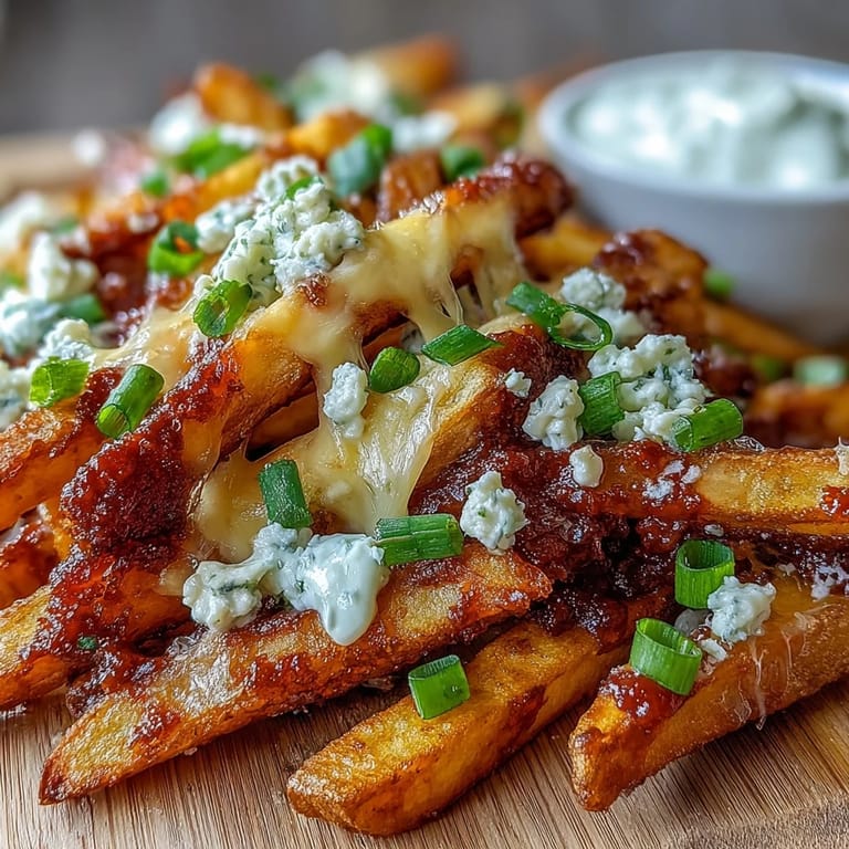 Sizzling Cheesy BBQ Fries topped with shredded cheddar and green onions, served hot with a cool, creamy side of homemade ranch dip.