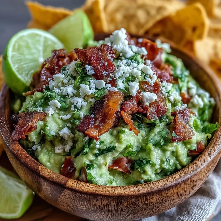 Bacon Guacamole with Cotija cheese, a vibrant Mexican-American dip paired with tortilla chips on a wooden serving board.