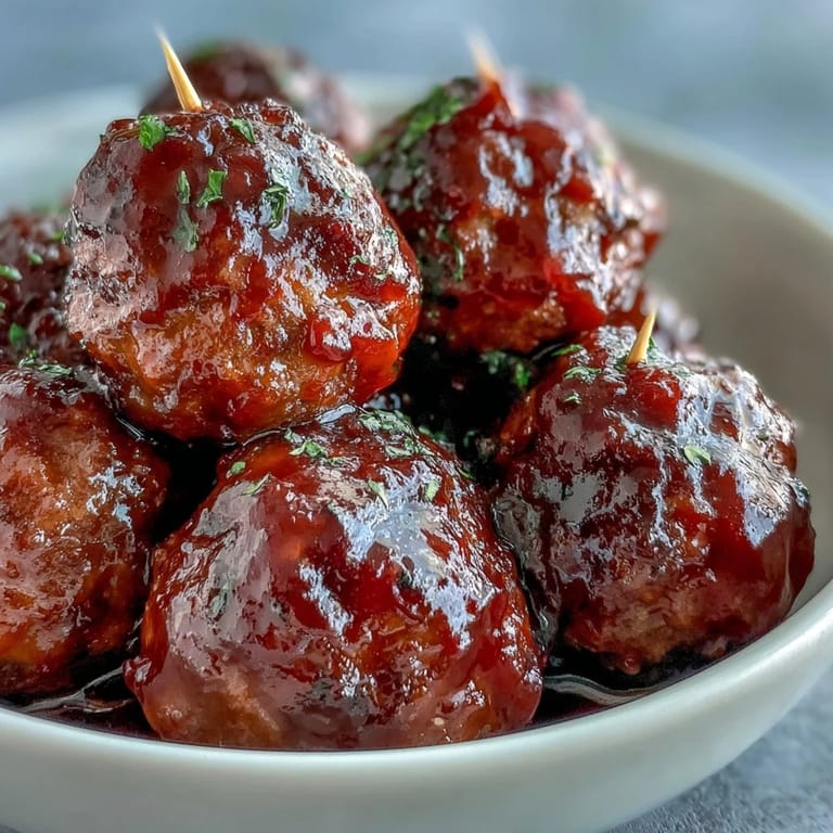 A close-up of glazed grape jelly and chili sauce meatballs in a ceramic serving dish, with a wooden spoon, ideal for easy entertaining or game day.