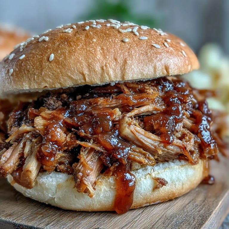 Shredded Applesauce Pulled Pork Sandwiches ready to eat, garnished with fresh herbs on a rustic platter.
