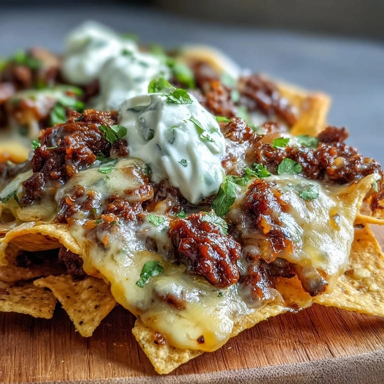 Heaping platter of BBQ Beef Nachos with smoky beef, melted cheese, and diced tomatoes, served for a game day party.
