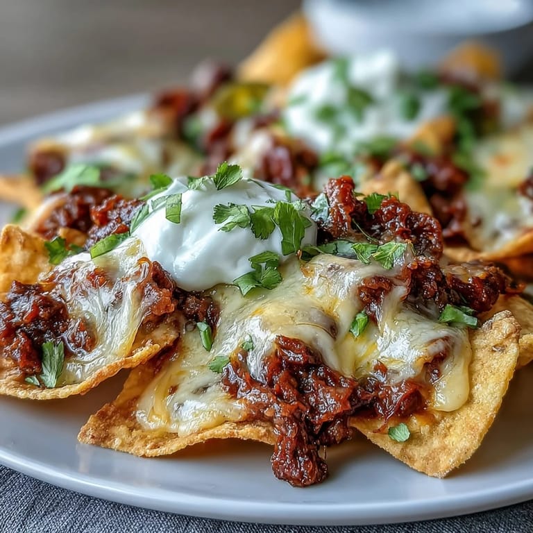 Freshly baked BBQ Beef Nachos loaded with juicy barbecue beef, gooey cheese, and pickled jalapeños on crispy tortilla chips.