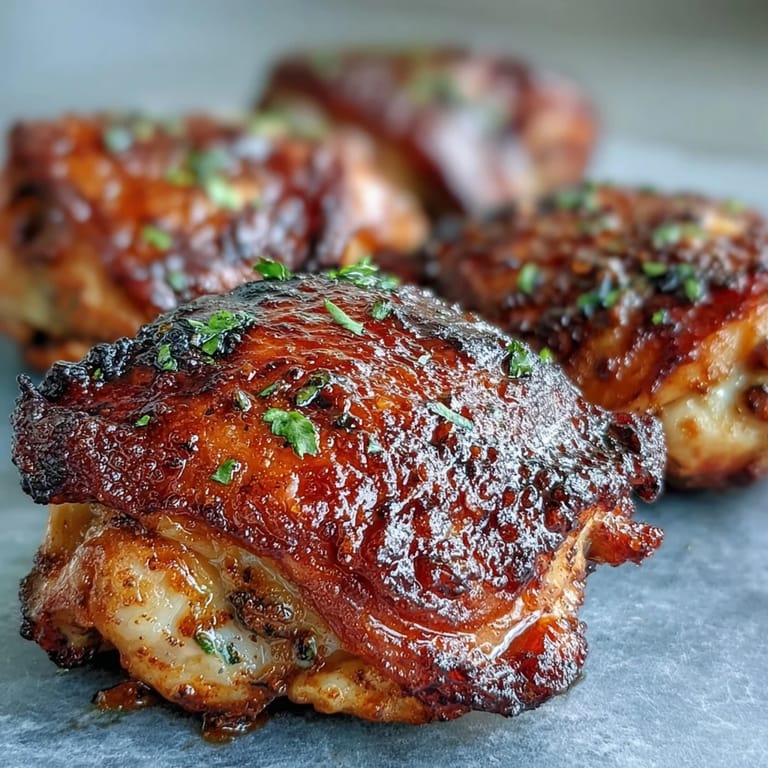 Freshly broiled Crispy Baked Bone-In Chicken Thighs on a platter, garnished with chopped parsley for a dinner plate.