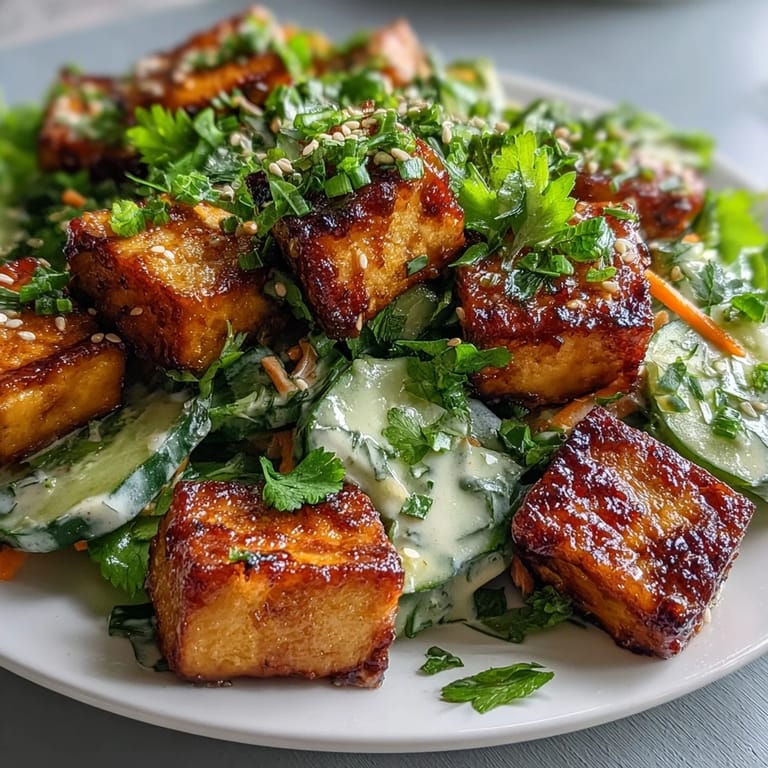 A close-up of the Creamy Asian Cucumber Salad, featuring cool cucumber slices and ultra-crispy tofu drizzled in sesame-ginger dressing.