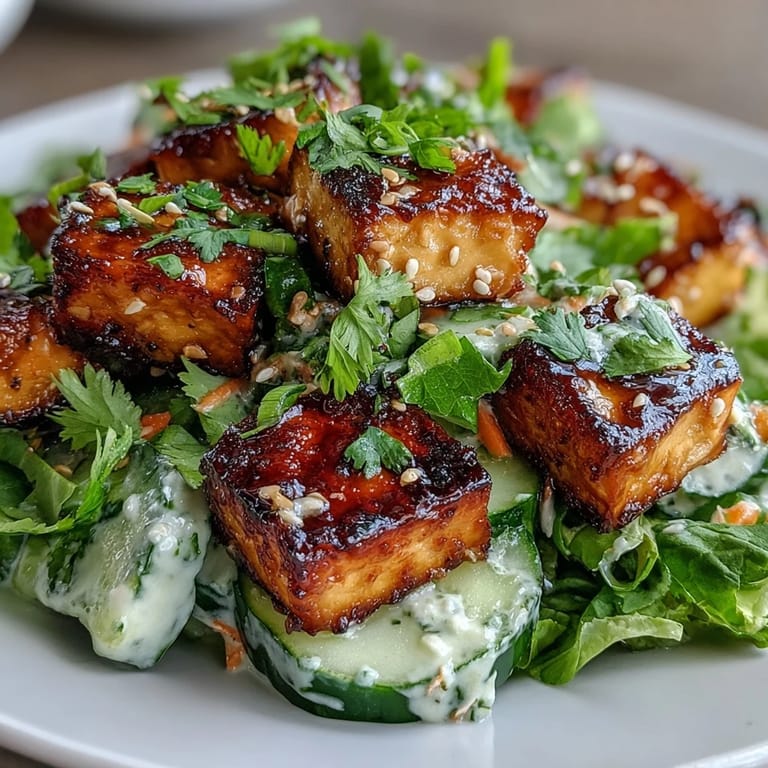 A refreshing serving of Creamy Asian Cucumber Salad with golden tofu, green onions, and a creamy Asian dressing.