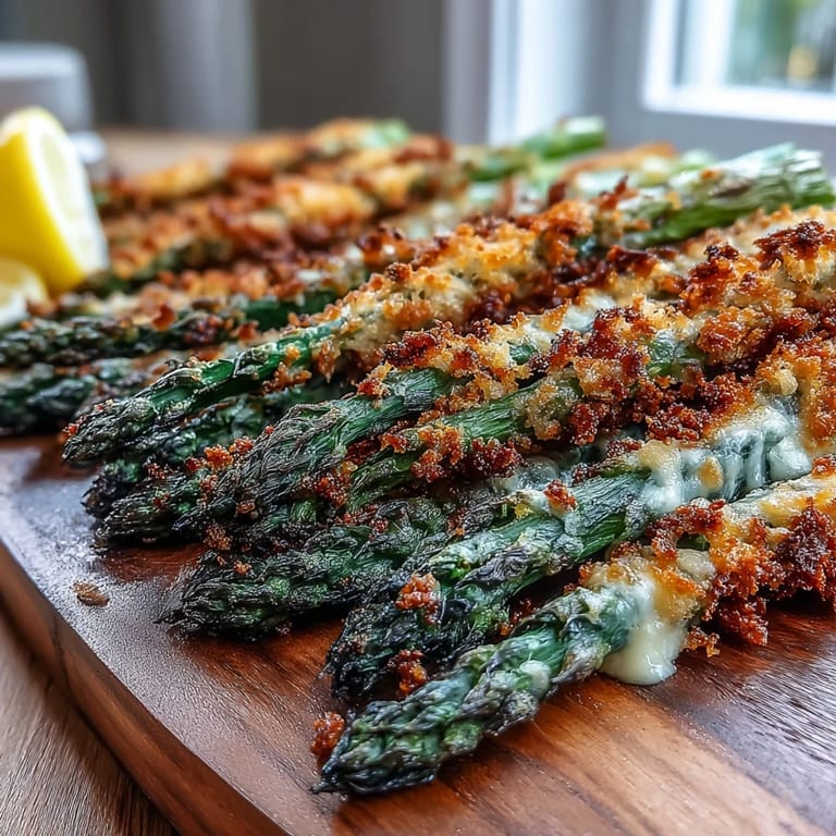 Crispy Asparagus Asiago Spears plated hot with a lemon wedge and dipping sauce for a savory appetizer.