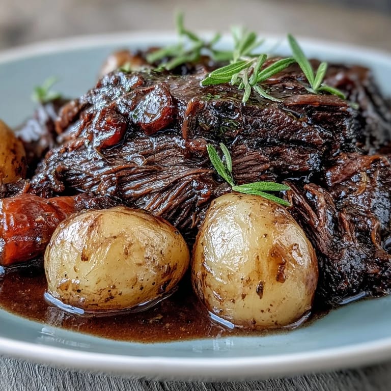 Slow-braised beef pot roast is lifted with tongs, showing juicy meat and caramelized onions in savory broth.