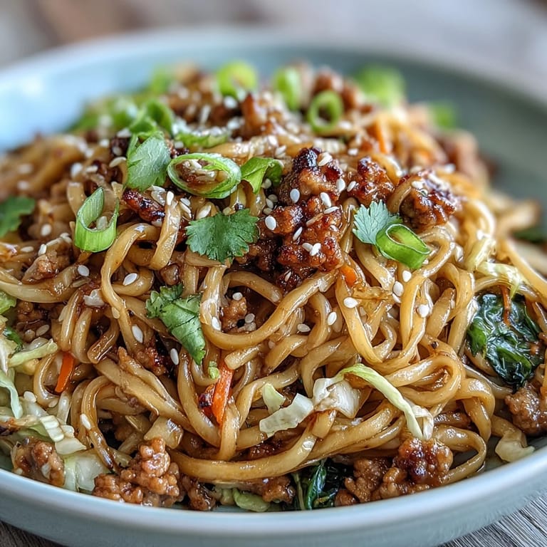 A close-up of Potsticker Noodle Bowls featuring crisp cabbage, carrots, and toasted sesame seeds.