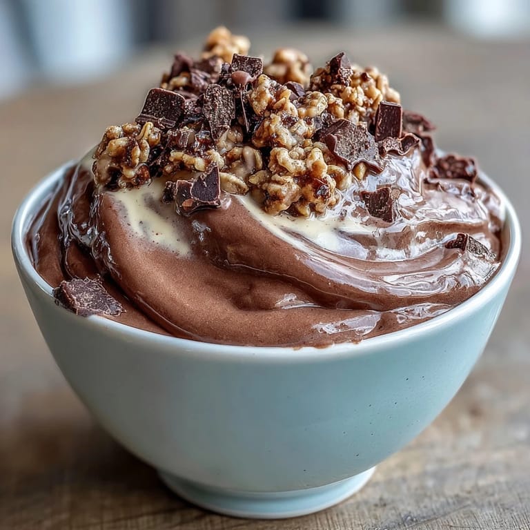 Thick, frosty Chocolate Peanut Butter Smoothie Bowl made with Greek yogurt and cocoa, garnished with chopped dark chocolate and crunchy granola clusters.