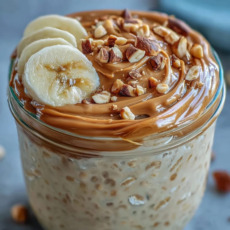 A jar of High-Protein Peanut Butter Overnight Oats with a drizzle of honey and fresh blueberries for a nourishing breakfast.  
