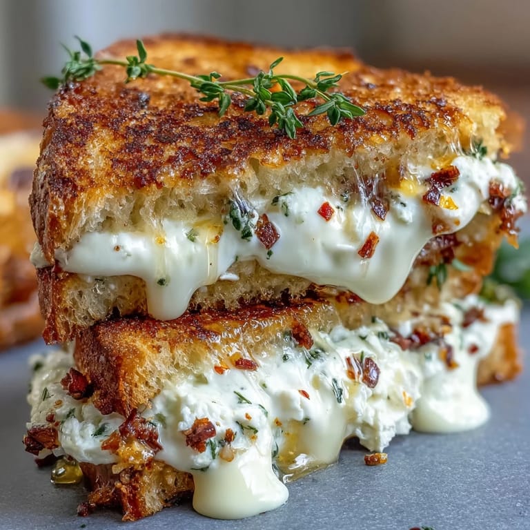Fresh thyme leaves and chili flakes garnish the crispy sourdough crust of a Goat Cheese Grilled Cheese with Honey & Chili Flakes.