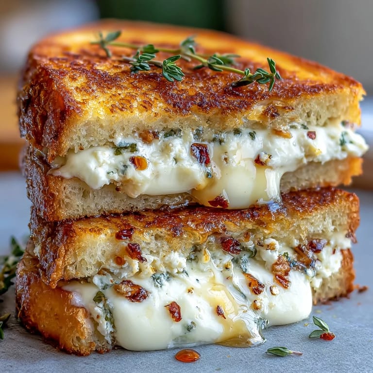 A close-up of a Goat Cheese Grilled Cheese with Honey & Chili Flakes shows melted cheese oozing from buttery, golden bread.