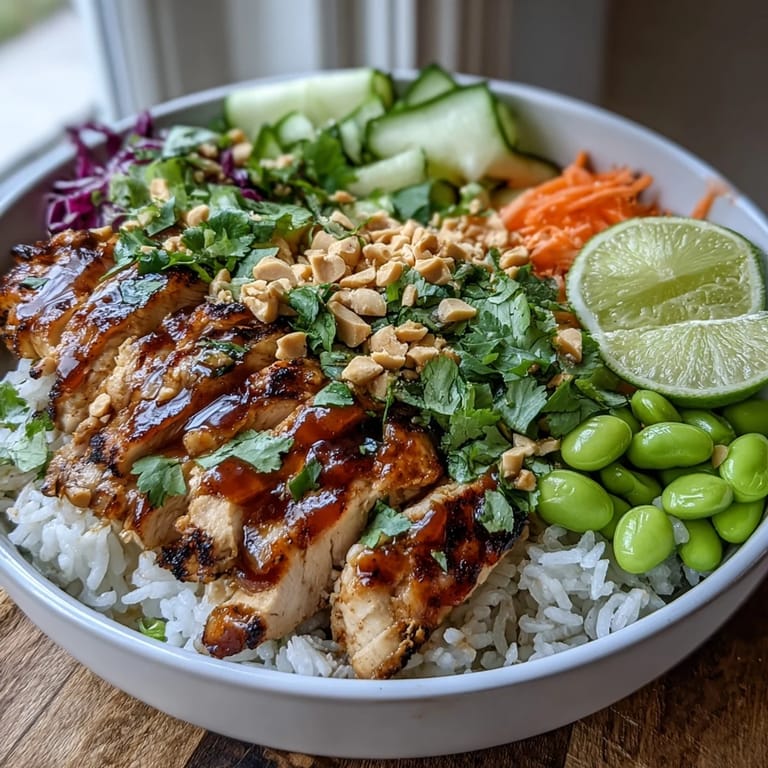 Close up view of a nutritious Coconut Rice Peanut Bowl featuring tender chicken, edamame, and fresh cilantro, ready to be enjoyed.