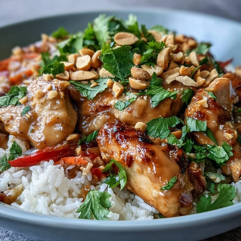 Close-up of Thai Peanut Chicken Bowl featuring golden chicken, vibrant bell peppers, carrots, and a drizzle of spicy peanut sauce.