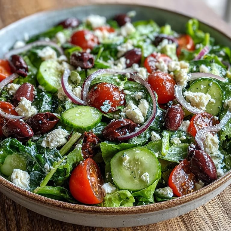 Vibrant Mediterranean Green Salad Bowl plated with juicy tomatoes and olives, finished with creamy feta for a refreshing vegetarian meal.