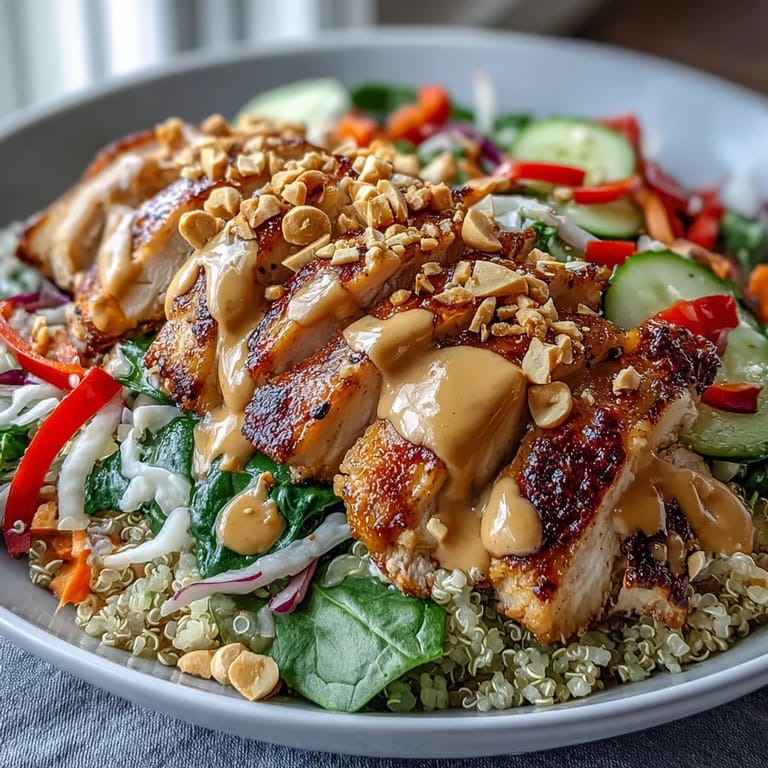Enjoy the vibrant Peanut Chicken Power Bowl, filled with tender chicken, crunchy carrots, and rich peanut drizzle ready for lunch.